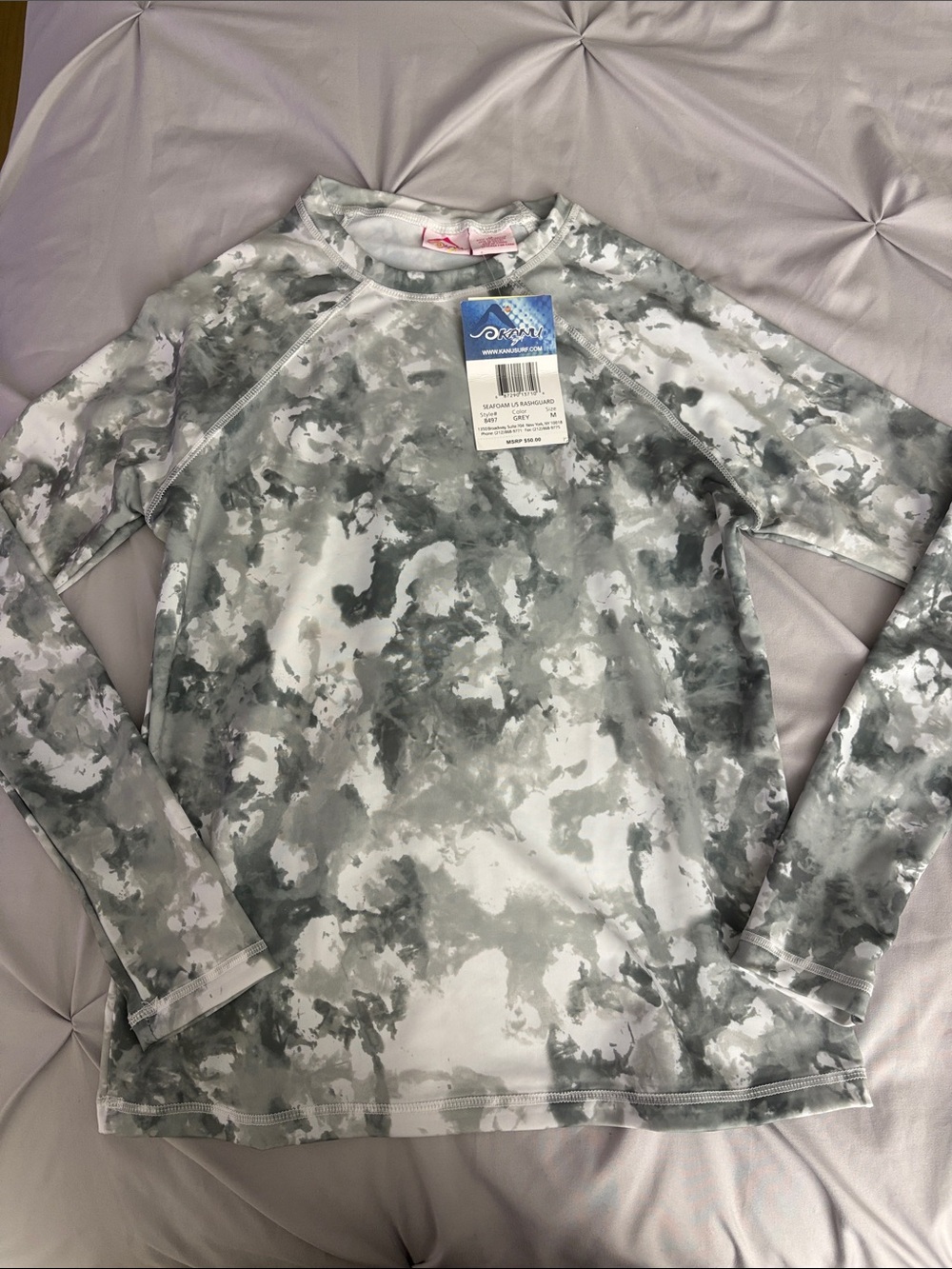 NWTS Kanu Surf Women Long Sleeve Rash Guard Bathing Suit in Seafoam Gray Marble